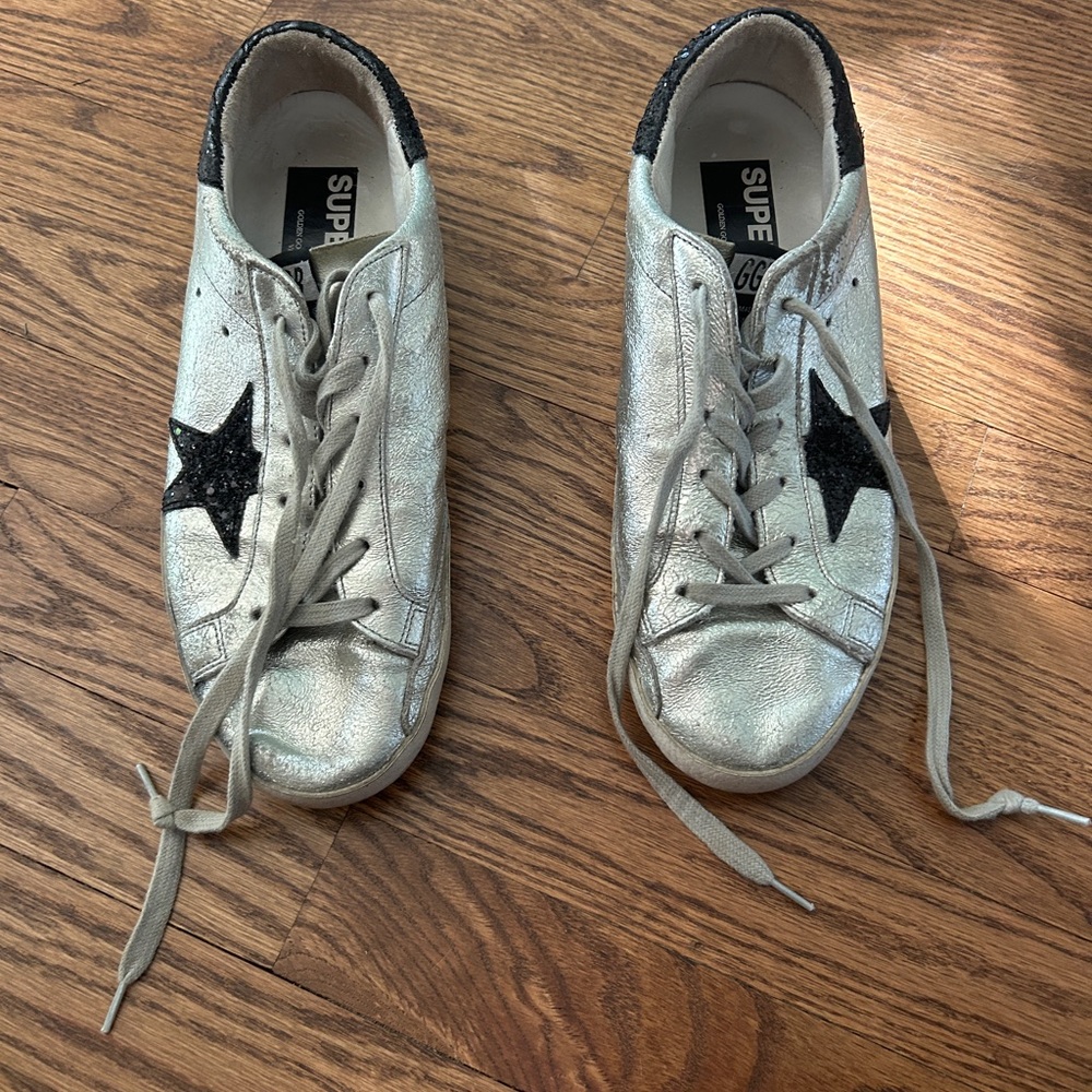 Golden Goose Silver Leather Sneakers with Black Star